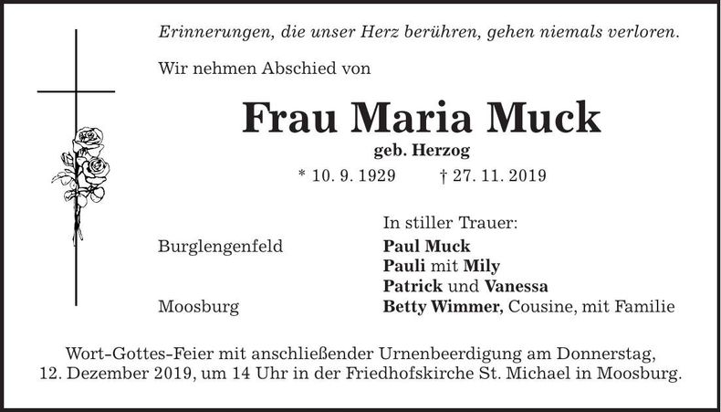 Traueranzeige Maria Muck