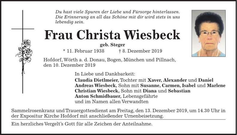 Traueranzeige Christa Wiesbeck