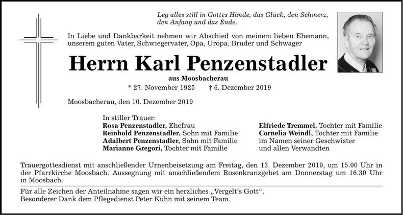 Traueranzeige Penzenstadler Karl