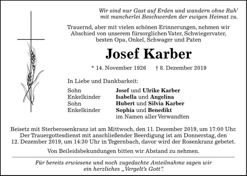 Traueranzeige Josef Karber