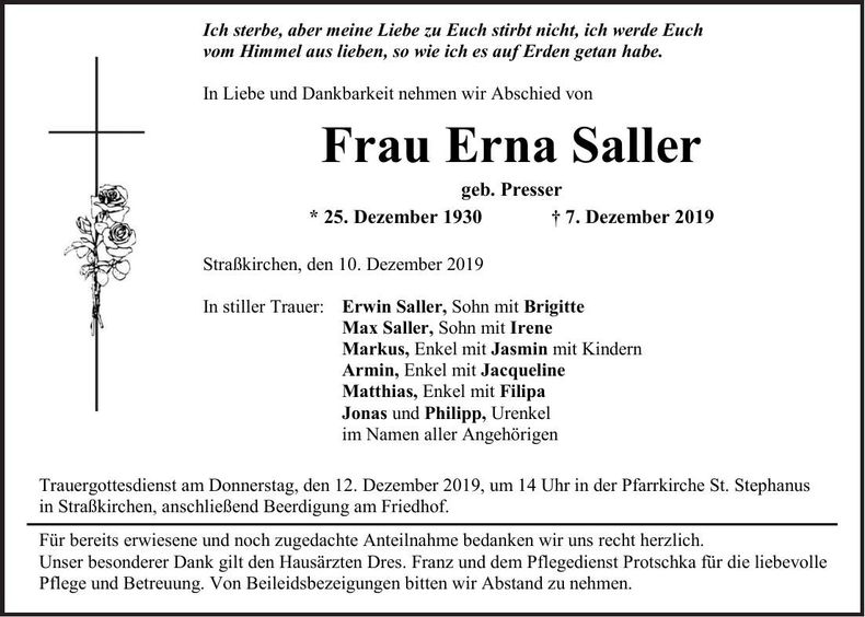Traueranzeige Erna Saller