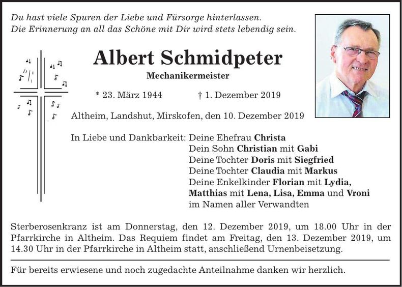 Traueranzeige Albert Schmidpeter