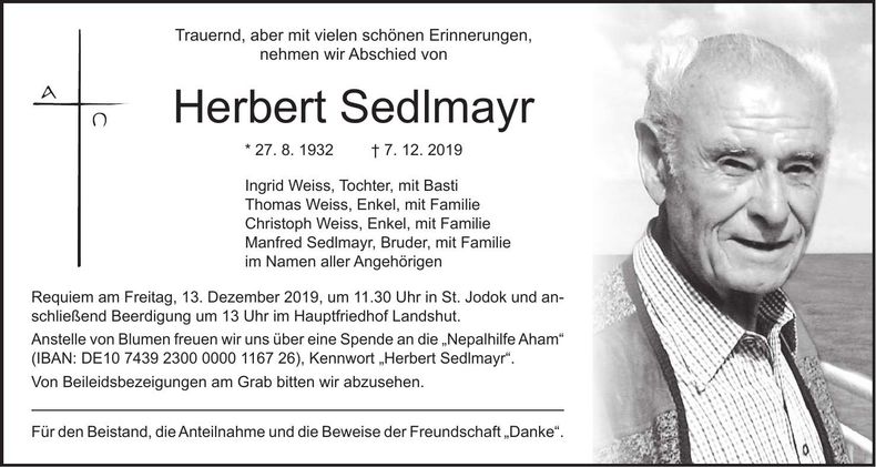 Traueranzeige Herbert Sedlmayr