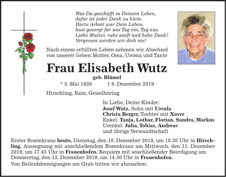Traueranzeige Elisabeth Wutz