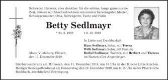 Traueranzeige Betty Sedlmayr
