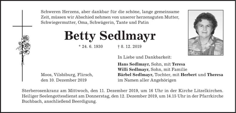 Traueranzeige Betty Sedlmayr