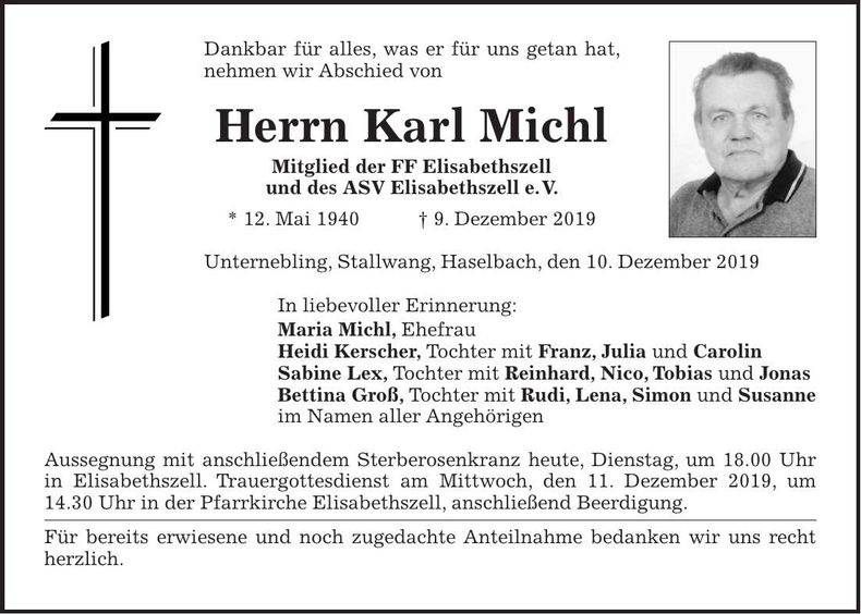 Traueranzeige Karl Michl