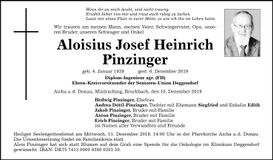 Traueranzeige Aloisius Josef Heinrich Pinzinger