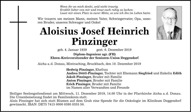 Traueranzeige Aloisius Josef Heinrich Pinzinger