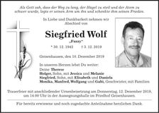 Traueranzeige Siegfried Wolf