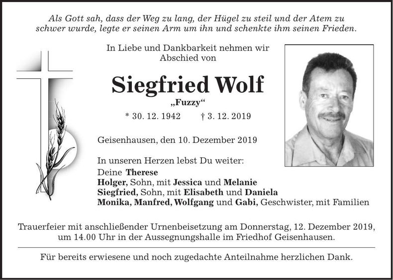 Traueranzeige Siegfried Wolf