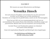 Traueranzeige Veronika Jänsch