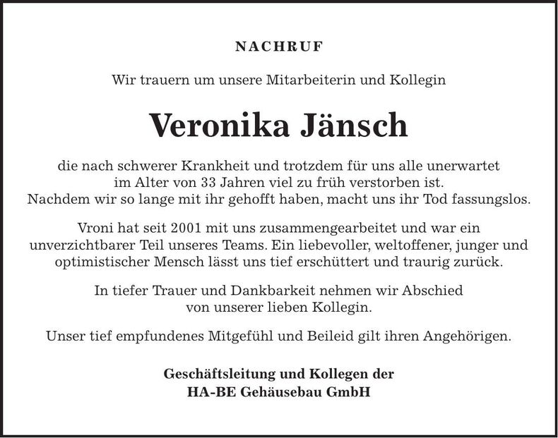 Traueranzeige Veronika Jänsch