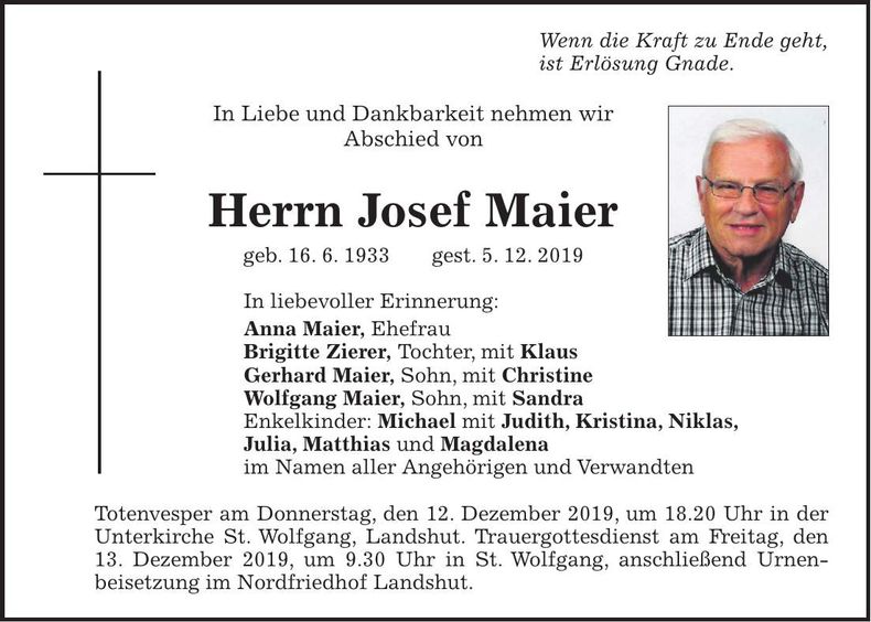 Traueranzeige Josef Maier