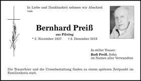 Traueranzeige Bernhard Preiß