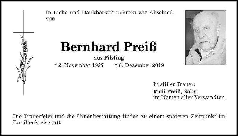 Traueranzeige Bernhard Preiß