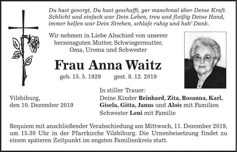 Traueranzeige Anna Waitz