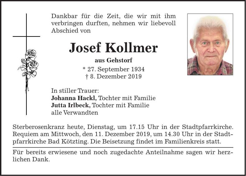 Traueranzeige Josef Kollmer