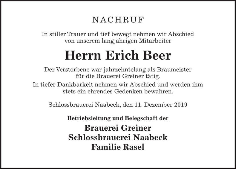 Traueranzeige Erich Beer