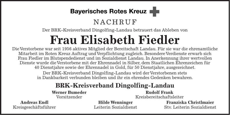 Traueranzeige Elisabeth Fiedler