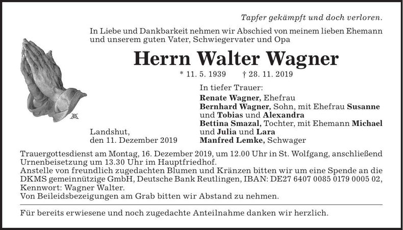 Traueranzeige Walter Wagner