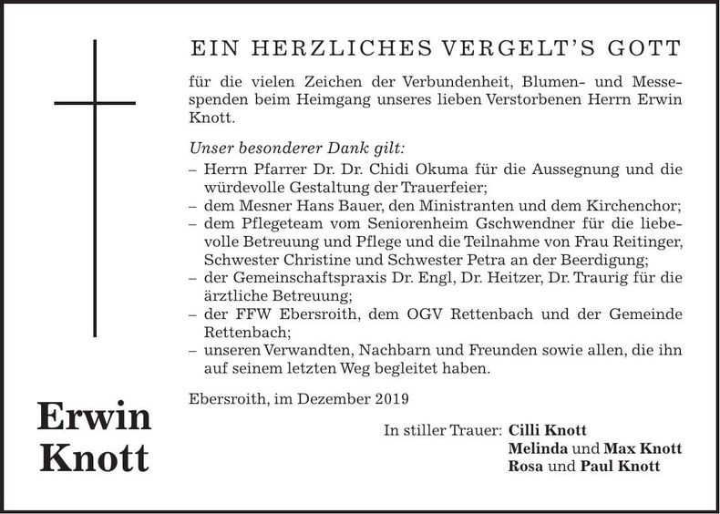 Traueranzeige Erwin Knott