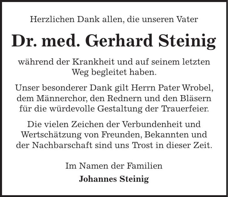 Traueranzeige Gerhard Dr. med. Steinig