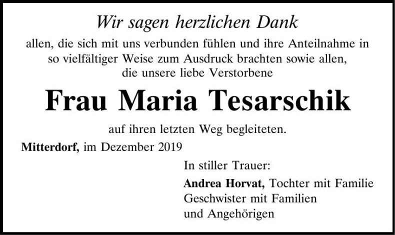 Traueranzeige Maria Tesarschik