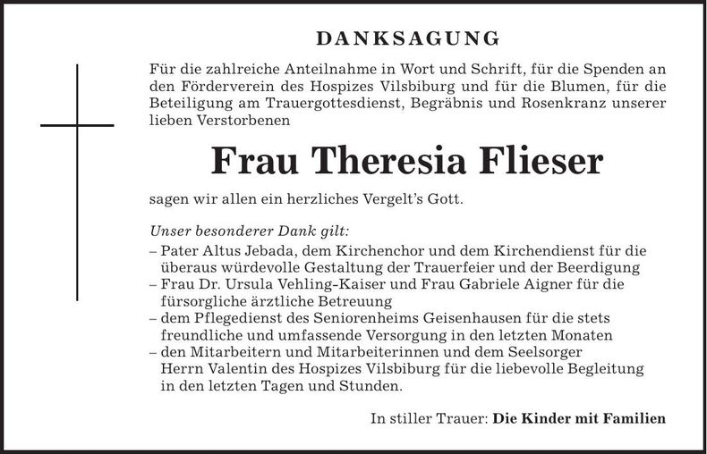 Traueranzeige Theresia Flieser