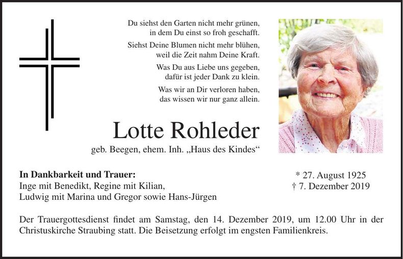 Traueranzeige Lotte Rohleder