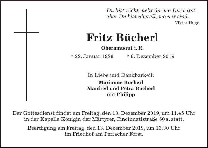 Traueranzeige Fritz Bücherl