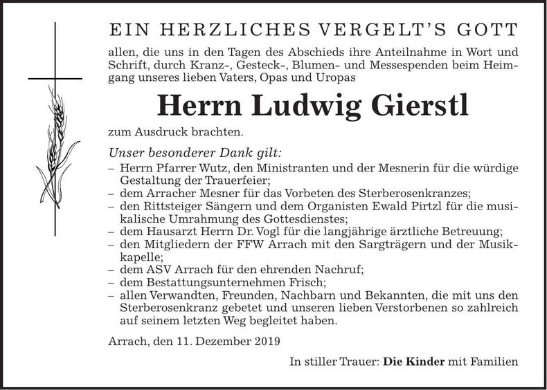 Traueranzeige Ludwig Gierstl