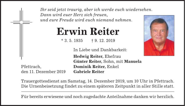 Traueranzeige Erwin Reiter