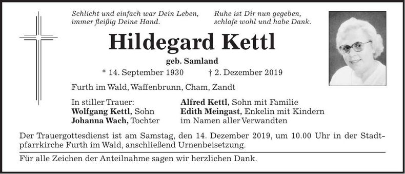 Traueranzeige Hildegard Kettl