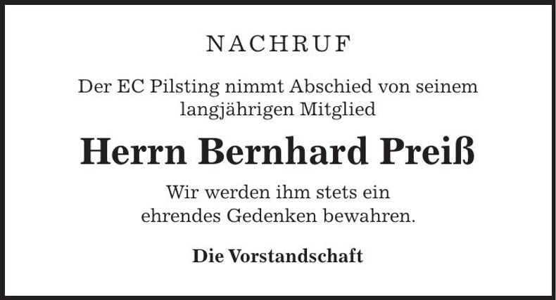 Traueranzeige Bernhard Preiß