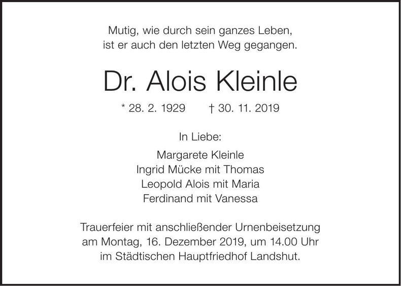 Traueranzeige Alois Dr. Kleinle