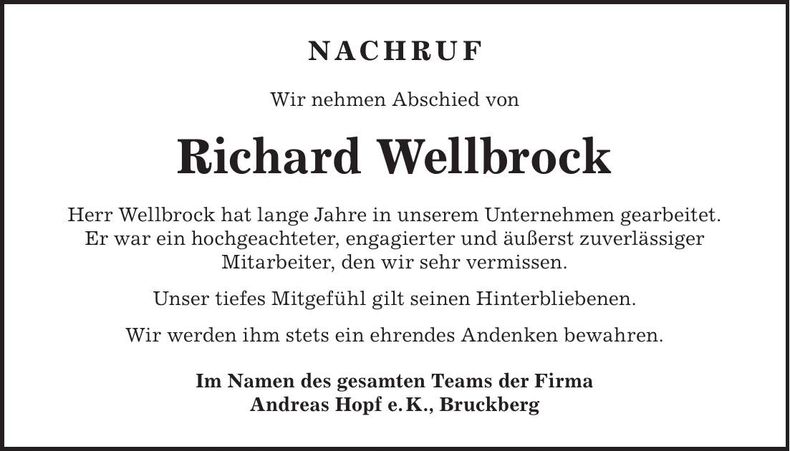 Traueranzeige Richard Wellbrock
