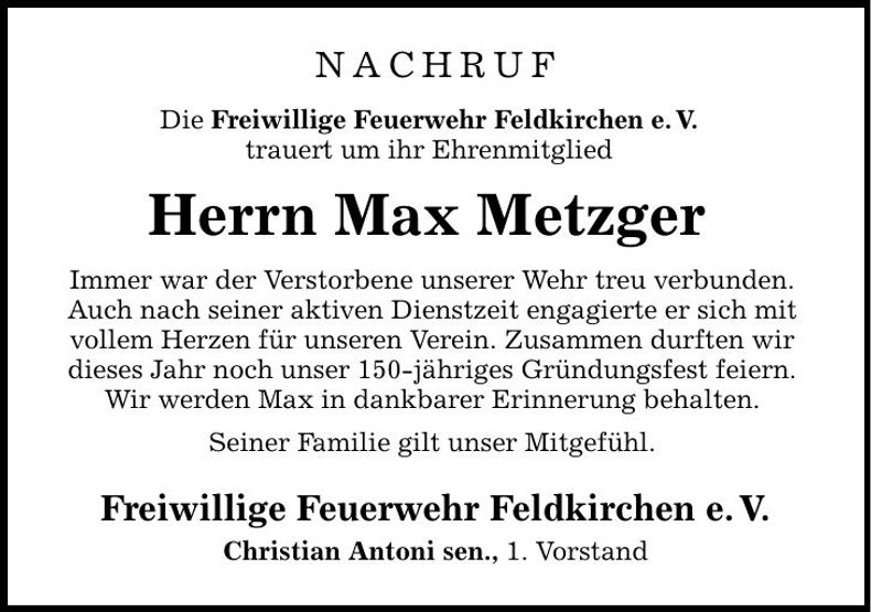 Traueranzeige Max Metzger