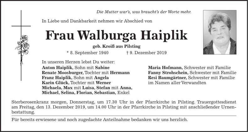 Traueranzeige Walburga Haiplik