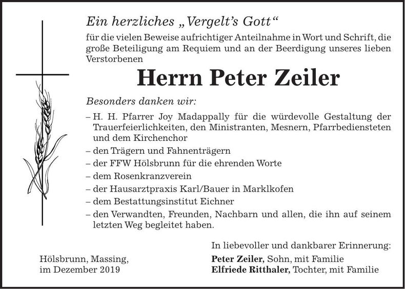 Traueranzeige Peter Zeiler