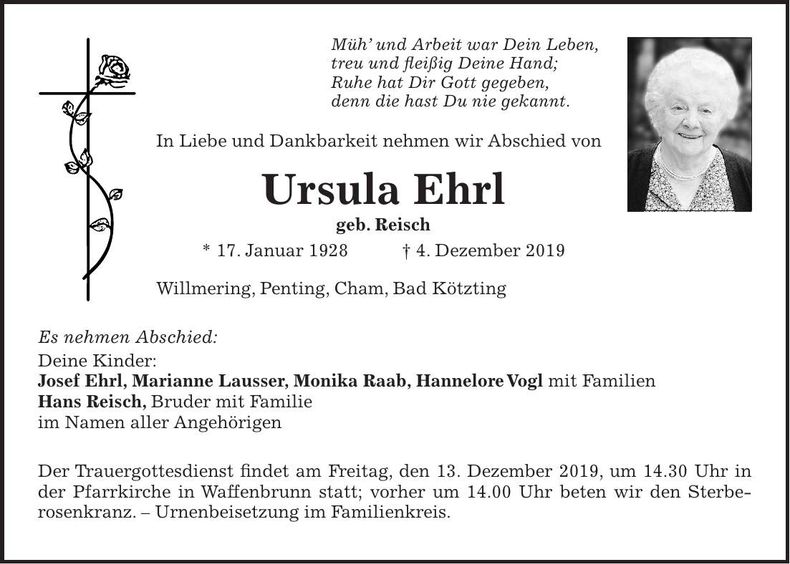 Traueranzeige Ursula Ehrl