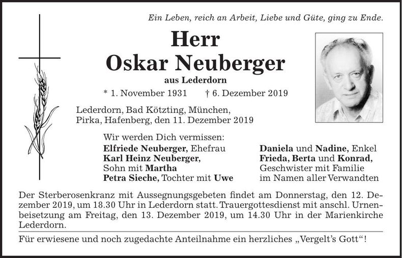 Traueranzeige Oskar Neuberger