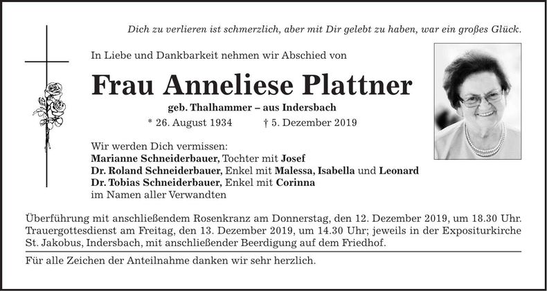 Traueranzeige Anneliese Plattner