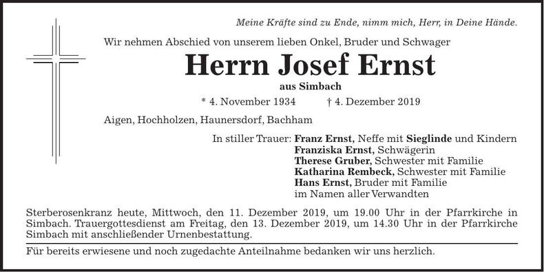 Traueranzeige Josef Ernst