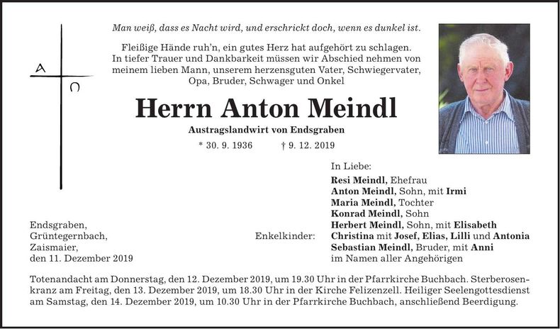 Traueranzeige Anton Meindl