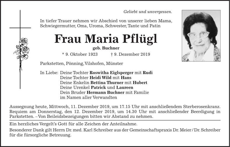 Traueranzeige Maria Pflügl