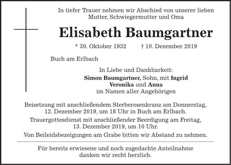 Traueranzeige Elisabeth Baumgartner