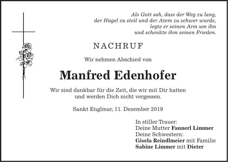 Traueranzeige Manfred Edenhofer