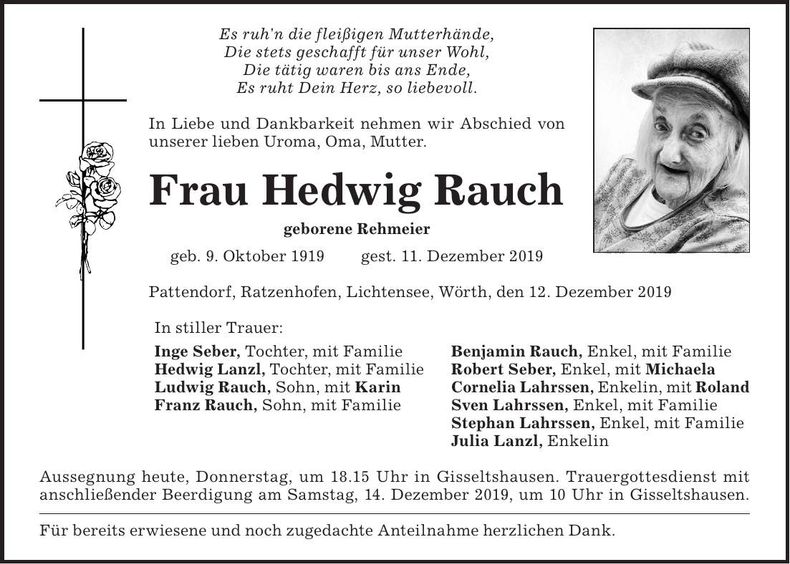 Traueranzeige Hedwig Rauch