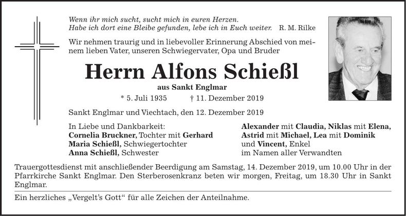 Traueranzeige Alfons Schießl
